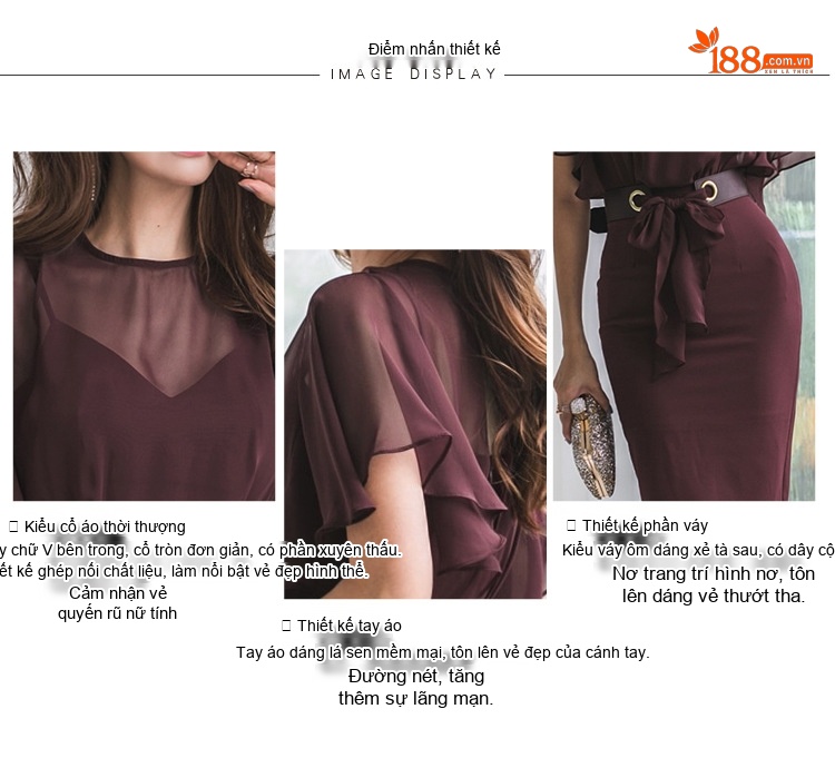 Váy Liền Thân Nữ Công Sở Cổ Điển Tay Lỡ Xếp Ly Dáng Ôm Màu Đỏ Rượu chi tiết 3