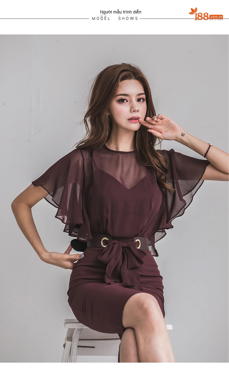 Váy Liền Thân Nữ Công Sở Cổ Điển Tay Lỡ Xếp Ly Dáng Ôm Màu Đỏ Rượu chi tiết 5