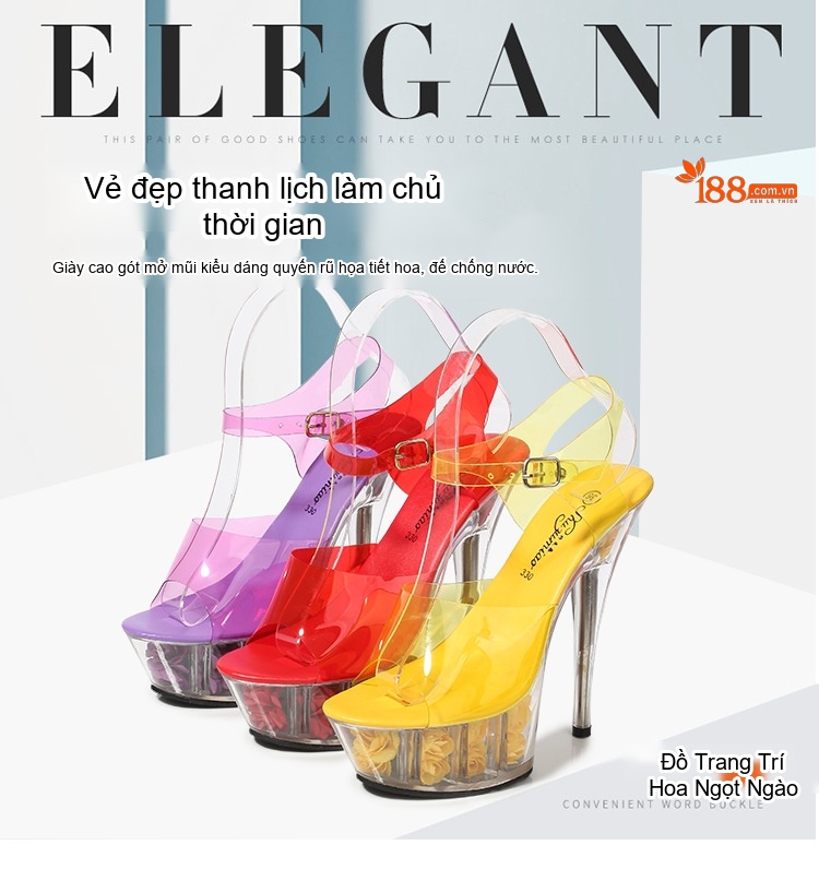 Giày Sandal Cao Gót Nữ Quai Trong Suốt Đế Hoa Gót Cao 10cm - 12cm Màu Tím, Vàng, Đen, Đỏ... chi tiết 1