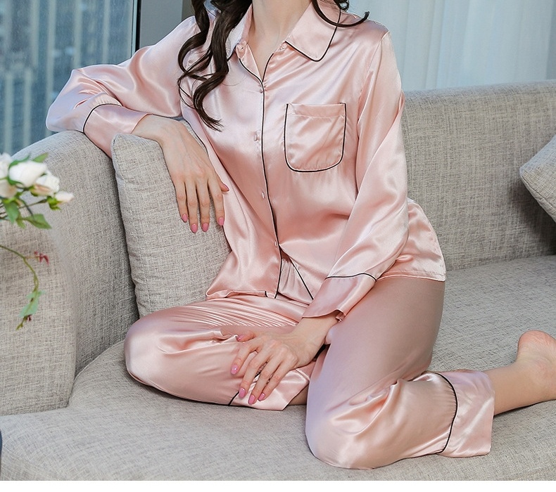 Bộ Đồ Ngủ Lụa Dài Tay Nữ 100% Tơ Tằm Mặc Nhà Màu Đỏ, Hồng, Xanh Navy chi tiết 6