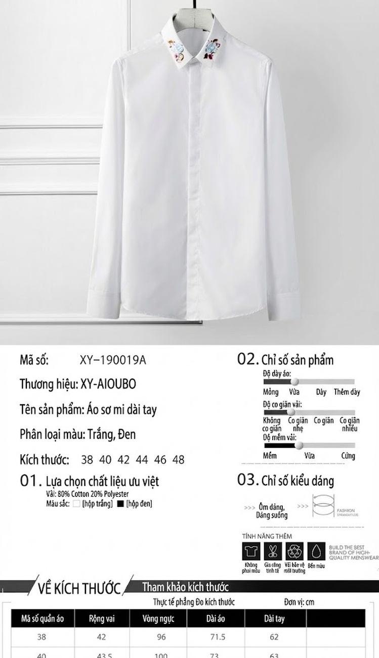 Áo Sơ Mi Nam Cotton Thêu Hoa Không Nhăn Phong Cách Thời Trang Màu Đen, Trắng chi tiết 2