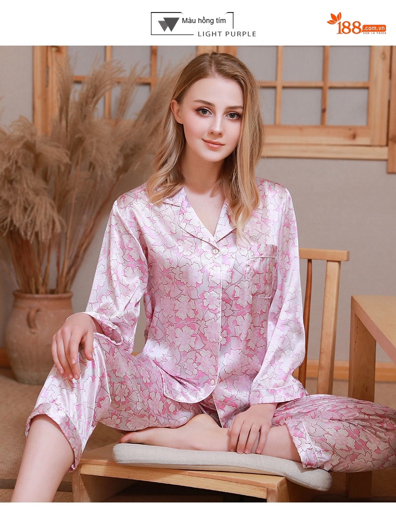 Bộ Pijama Lụa Tơ Tằm Dài Tay Nữ Size Lớn Họa Tiết Hoa Mùa Thu chi tiết 9