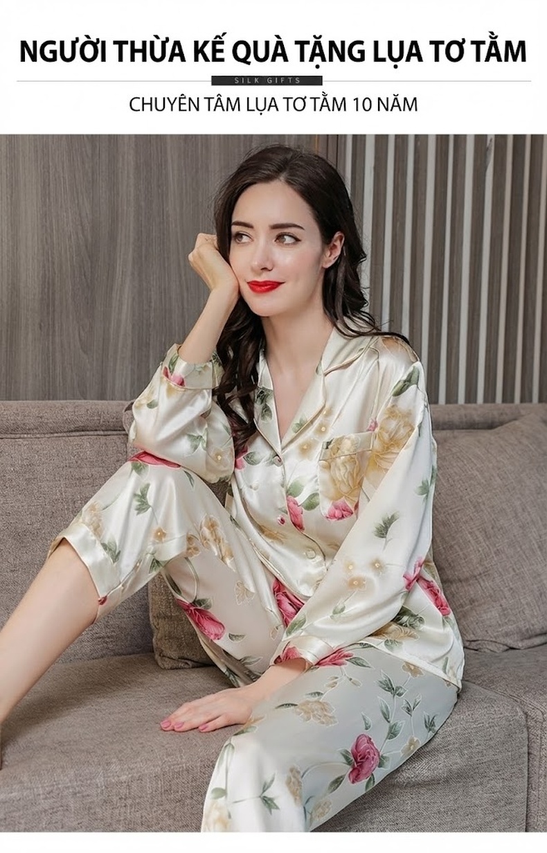 Bộ Pijama Lụa Tơ Tằm Dài Tay Nữ Size Lớn Họa Tiết Hoa Mùa Thu chi tiết 1
