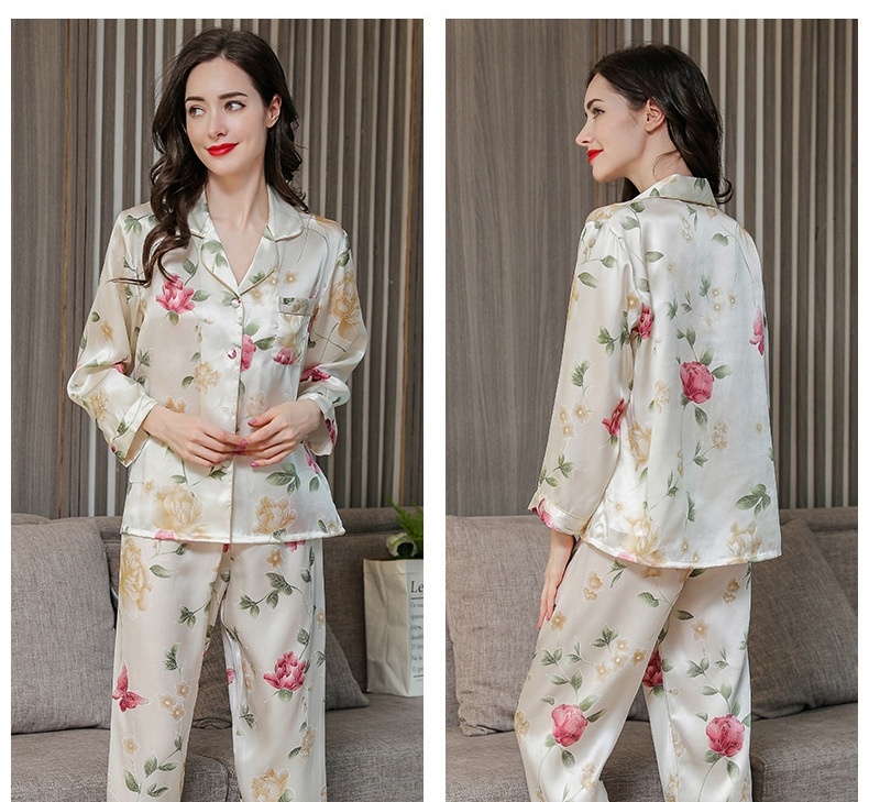 Bộ Pijama Lụa Tơ Tằm Dài Tay Nữ Size Lớn Họa Tiết Hoa Mùa Thu chi tiết 6