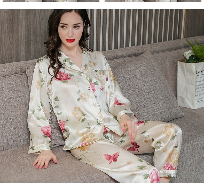 Bộ Pijama Lụa Tơ Tằm Dài Tay Nữ Size Lớn Họa Tiết Hoa Mùa Thu chi tiết 7