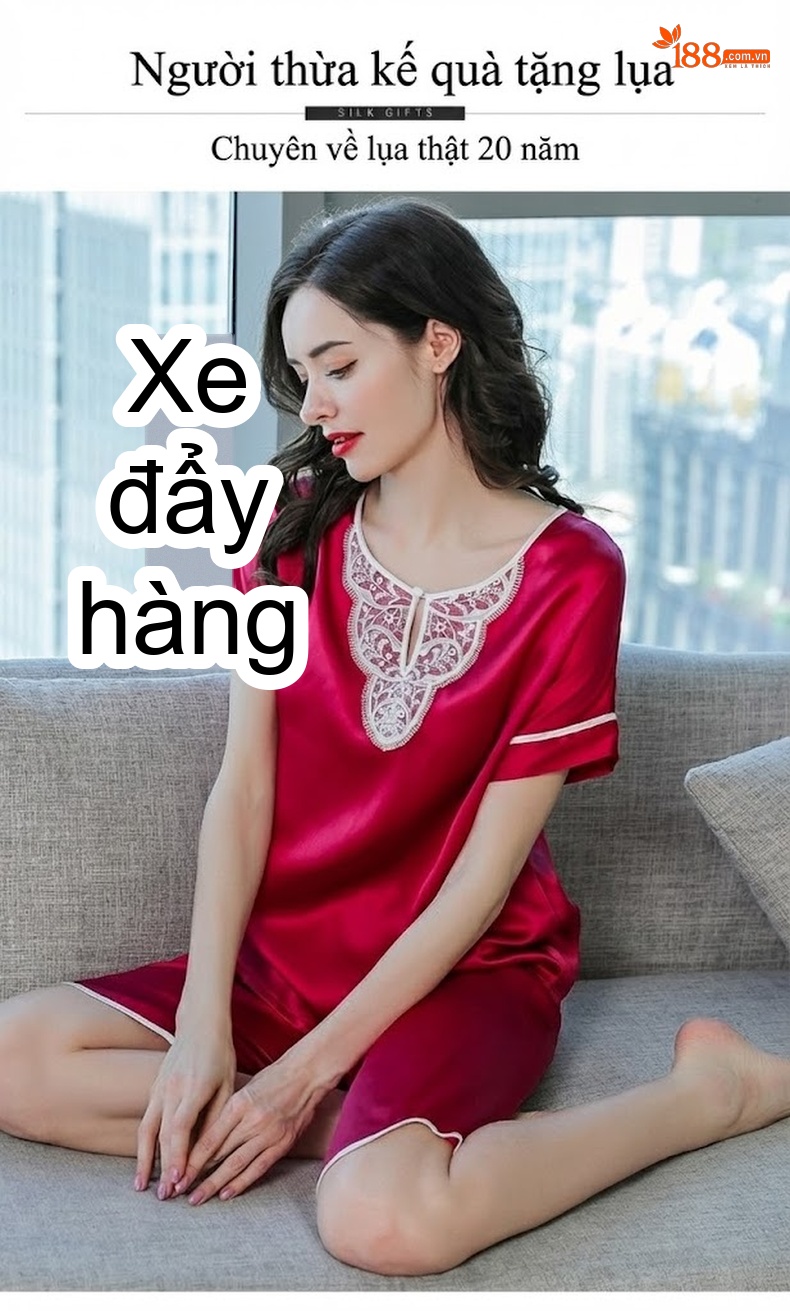 Bộ Đồ Ngủ Lụa Tơ Tằm Nữ Tay Ngắn Quần Đùi Viền Ren Màu Đỏ, Xanh Navy, Xám chi tiết 1