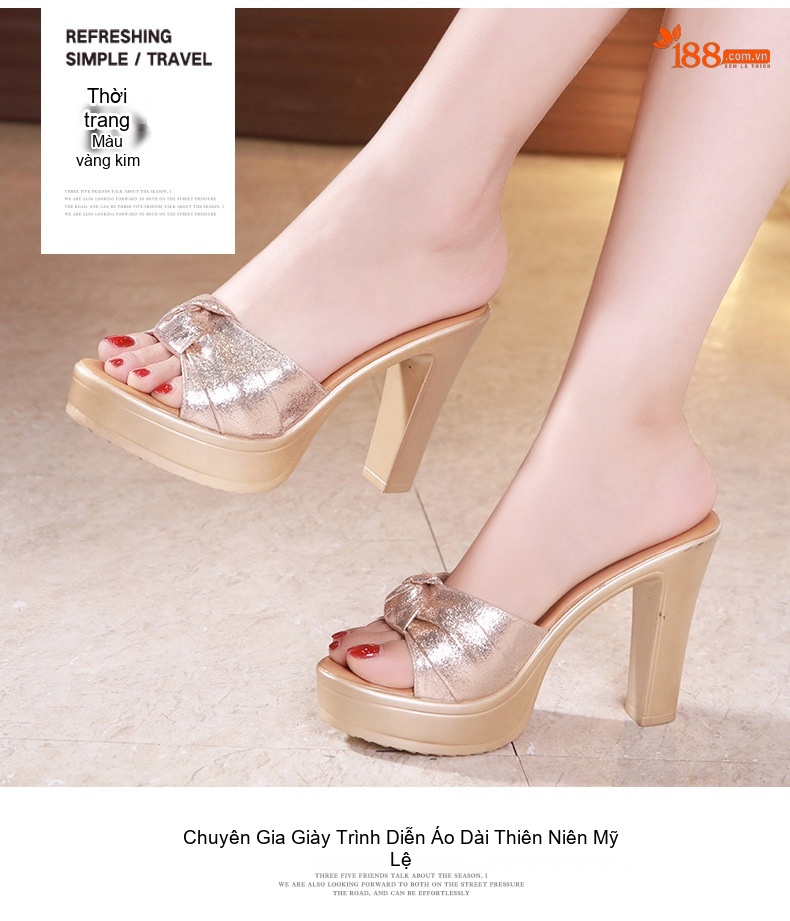 Giày Sandal Cao Gót Nữ Hở Ngón Quai Ngang Đế Xuồng Gót Cao 8cm Màu Đỏ, Đen, Vàng chi tiết 11