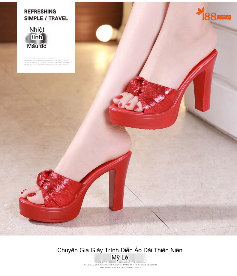 Giày Sandal Cao Gót Nữ Hở Ngón Quai Ngang Đế Xuồng Gót Cao 8cm Màu Đỏ, Đen, Vàng chi tiết 13