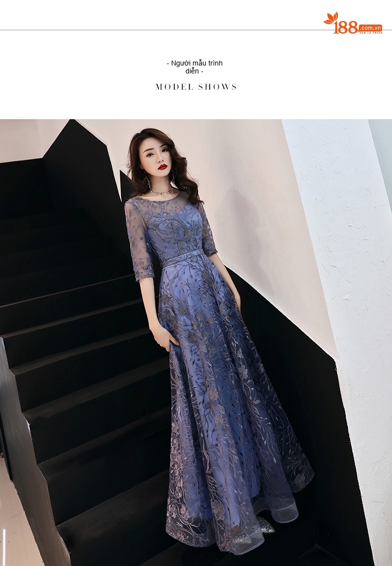 Váy Dạ Hội Dáng Dài Tay Lỡ Thiết Kế Sang Trọng Thanh Lịch Màu Xanh, Đen chi tiết 5