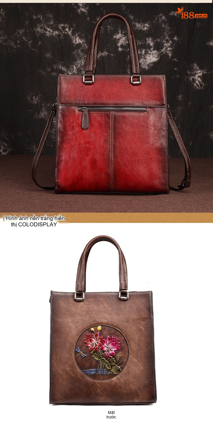 Túi Xách Nữ Da Bò Túi Tote Vintage Học Viện Đeo Vai Túi Xách Tay Màu Nâu chi tiết 9