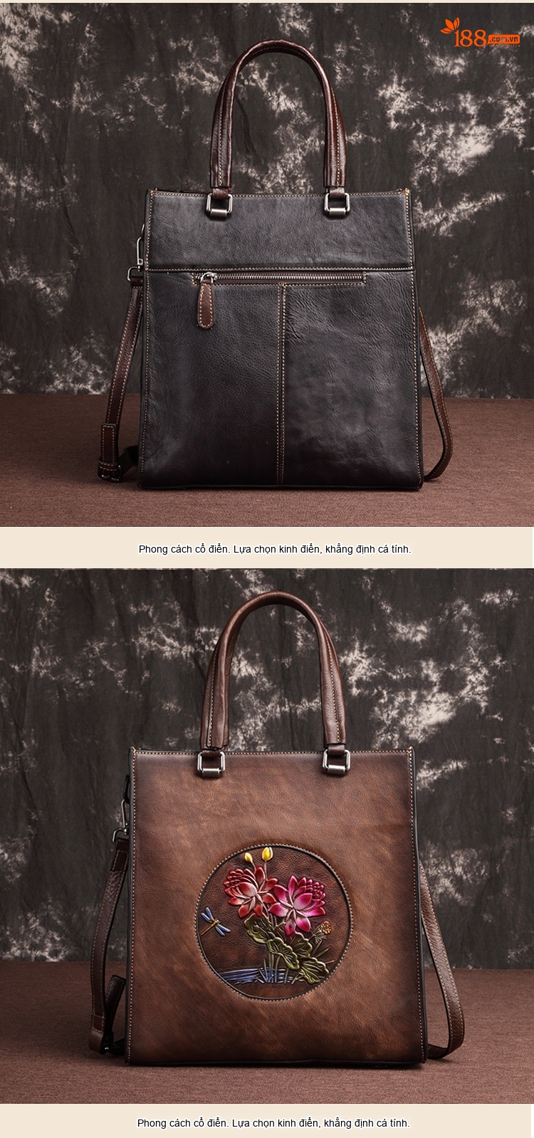 Túi Xách Nữ Da Bò Túi Tote Vintage Học Viện Đeo Vai Túi Xách Tay Màu Nâu chi tiết 6