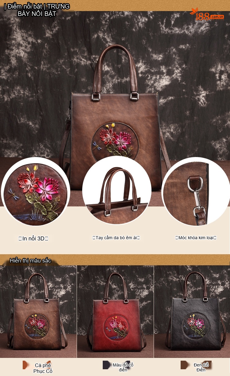Túi Xách Nữ Da Bò Túi Tote Vintage Học Viện Đeo Vai Túi Xách Tay Màu Nâu chi tiết 3