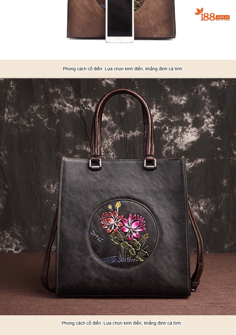 Túi Xách Nữ Da Bò Túi Tote Vintage Học Viện Đeo Vai Túi Xách Tay Màu Nâu chi tiết 5