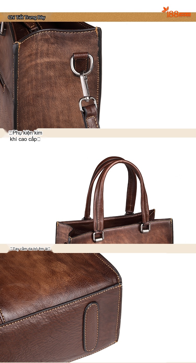 Túi Xách Nữ Da Bò Túi Tote Vintage Học Viện Đeo Vai Túi Xách Tay Màu Nâu chi tiết 15