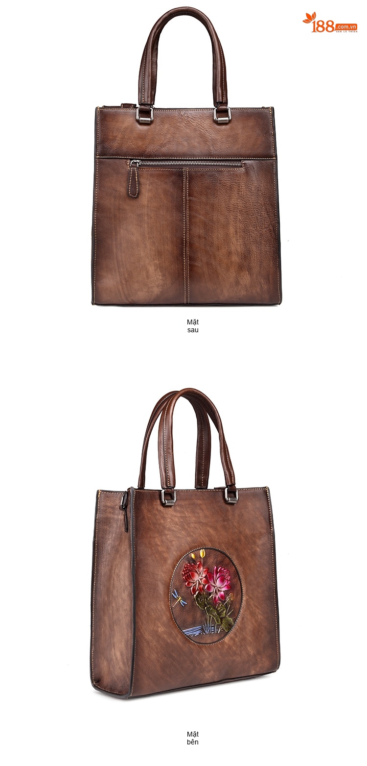 Túi Xách Nữ Da Bò Túi Tote Vintage Học Viện Đeo Vai Túi Xách Tay Màu Nâu chi tiết 10