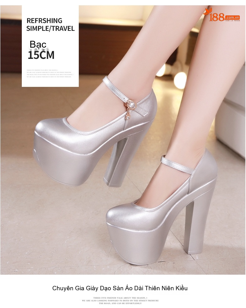 Giày Cao Gót Nữ Quai Ngang Da Bóng Chiều Cao Đế Khoảng 15cm Màu Đen, Đỏ, Trắng, Vàng... chi tiết 14