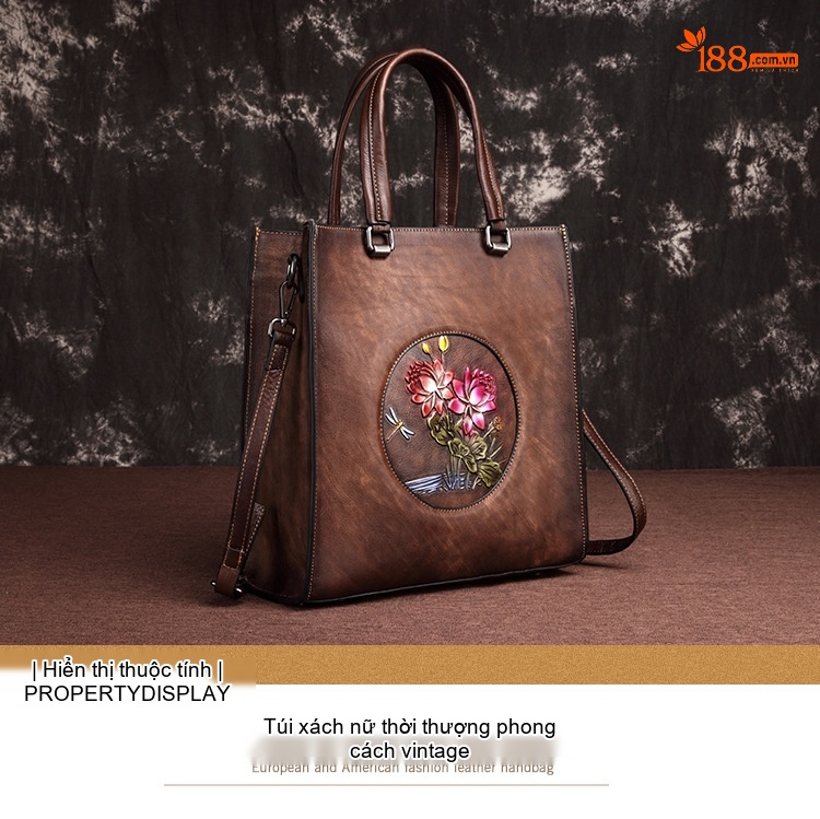 Túi Xách Nữ Da Bò Túi Tote Vintage Học Viện Đeo Vai Túi Xách Tay Màu Nâu chi tiết 1
