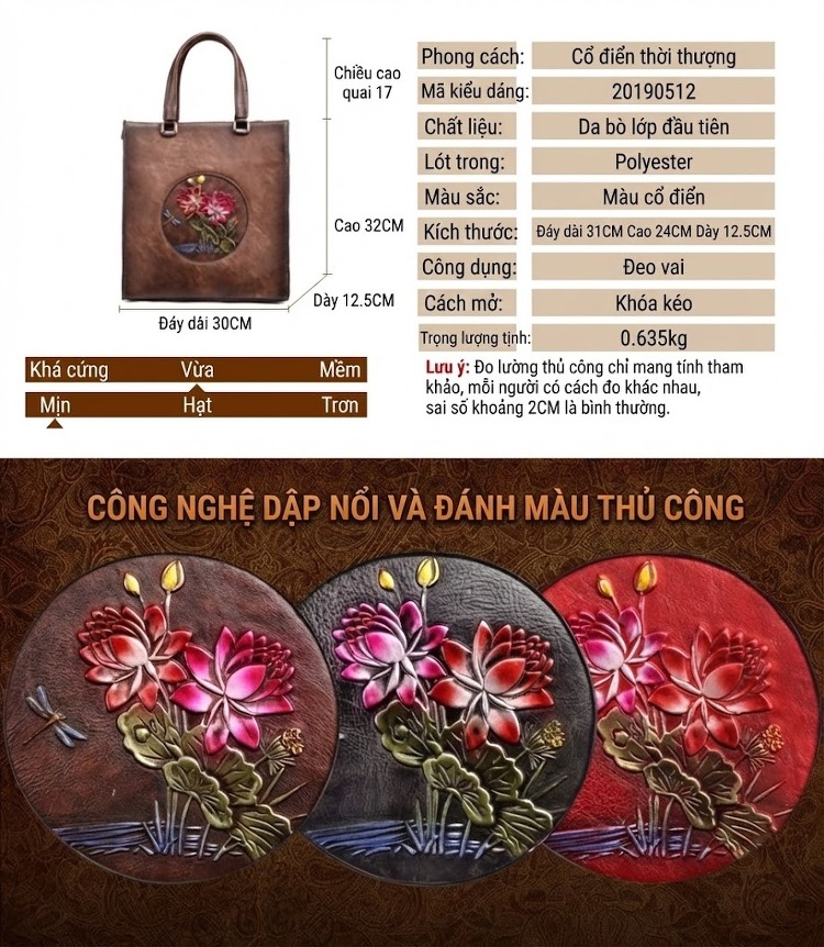 Túi Xách Nữ Da Bò Túi Tote Vintage Học Viện Đeo Vai Túi Xách Tay Màu Nâu chi tiết 2