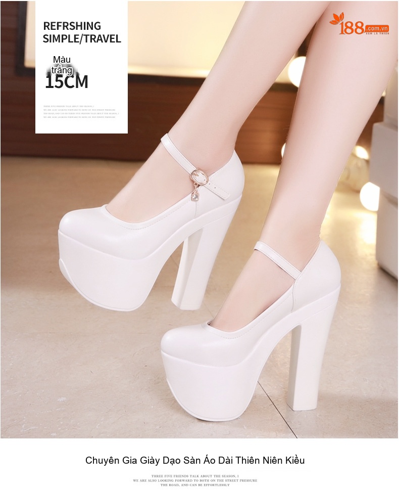 Giày Cao Gót Nữ Quai Ngang Da Bóng Chiều Cao Đế Khoảng 15cm Màu Đen, Đỏ, Trắng, Vàng... chi tiết 16