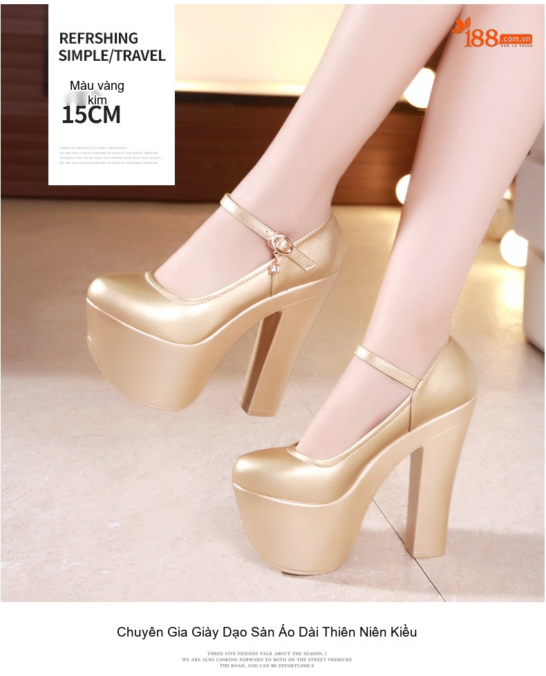 Giày Cao Gót Nữ Quai Ngang Da Bóng Chiều Cao Đế Khoảng 15cm Màu Đen, Đỏ, Trắng, Vàng... chi tiết 17