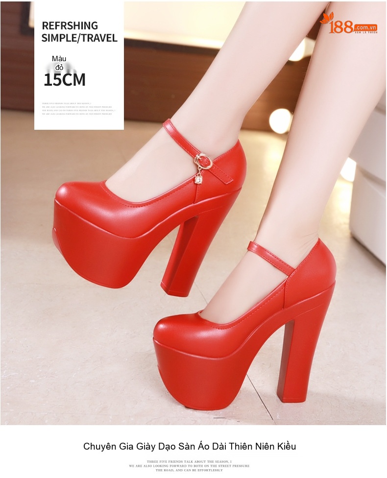 Giày Cao Gót Nữ Quai Ngang Da Bóng Chiều Cao Đế Khoảng 15cm Màu Đen, Đỏ, Trắng, Vàng... chi tiết 15