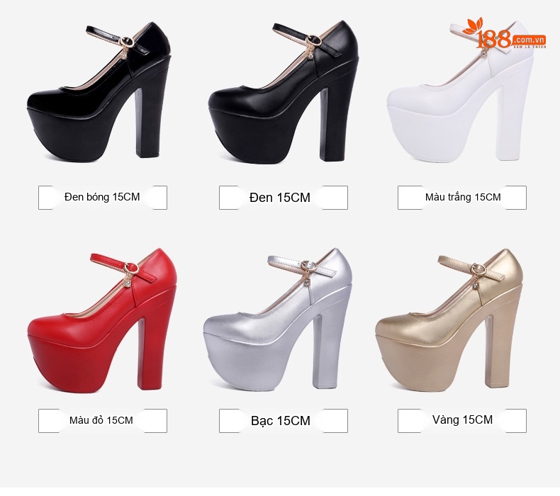 Giày Cao Gót Nữ Quai Ngang Da Bóng Chiều Cao Đế Khoảng 15cm Màu Đen, Đỏ, Trắng, Vàng... chi tiết 5