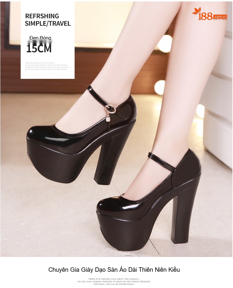 Giày Cao Gót Nữ Quai Ngang Da Bóng Chiều Cao Đế Khoảng 15cm Màu Đen, Đỏ, Trắng, Vàng... chi tiết 13