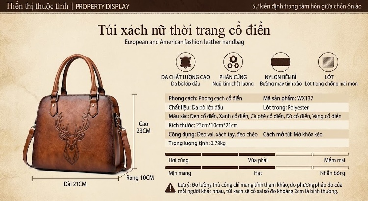Túi Xách Nữ Da Bò Thật Vintage Hình Hươu Cao Cấp Đeo Vai, Xách Tay Màu Nâu, Vàng, Xanh Lá, Đỏ... chi tiết 1