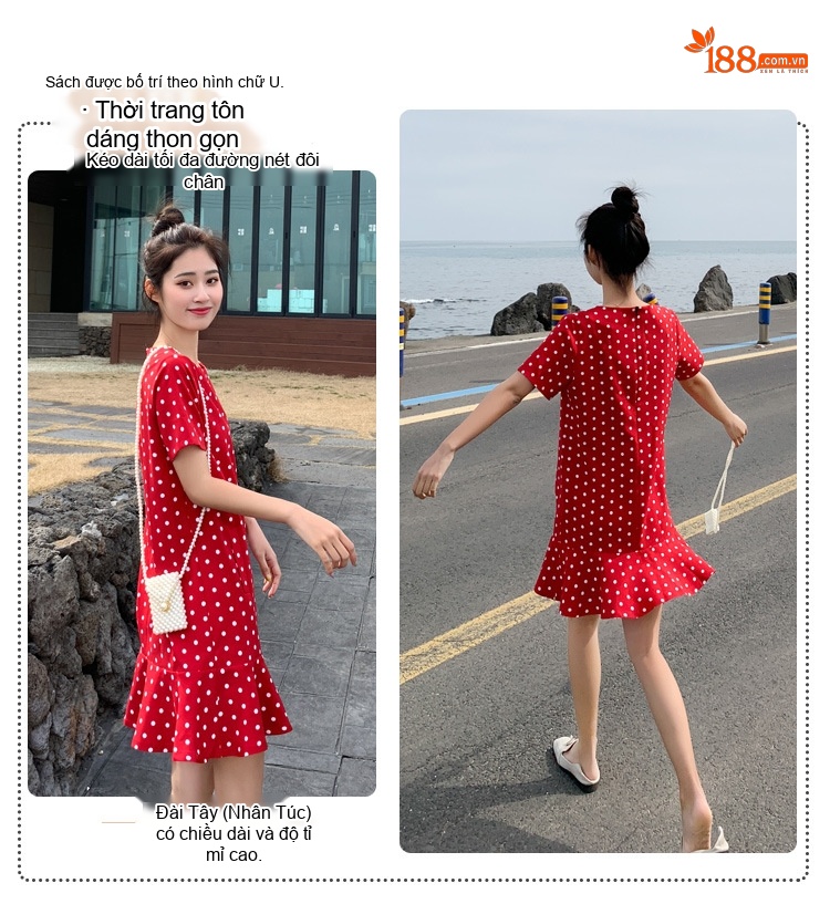 Váy Ngắn Chữ A Tay Ngắn Họa Tiết Chấm Bi Phong Cách Hàn Quốc Màu Đỏ chi tiết 4