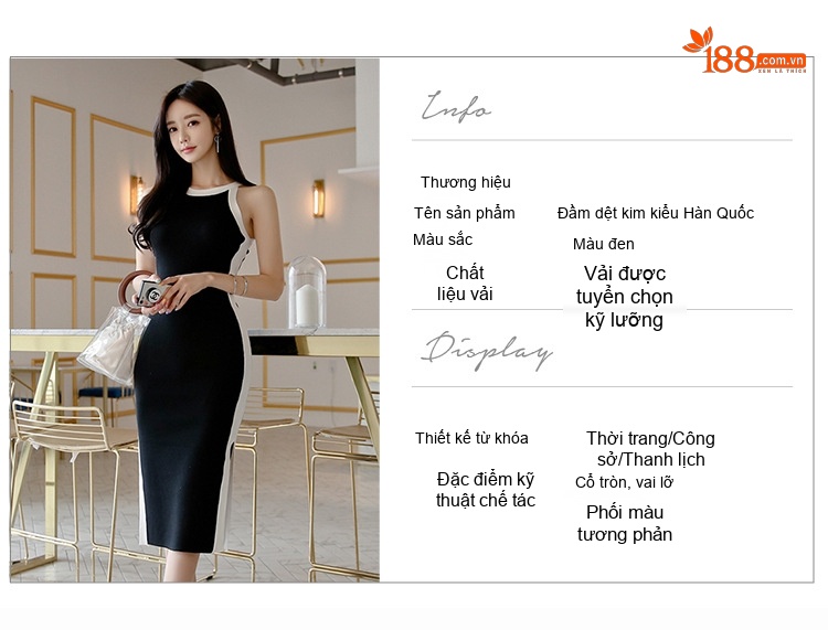 Váy Đầm Ôm Body Nữ Dệt Kim Cổ Yếm Phối Màu Đen Trắng chi tiết 3