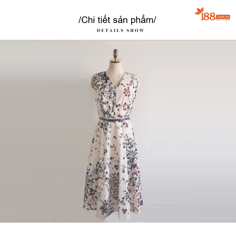 Váy liền thân Nữ Cổ chữ V Tay Sát Nách Họa Tiết Hoa Nhí Thắt Eo Phong Cách Thanh Lịch chi tiết 20