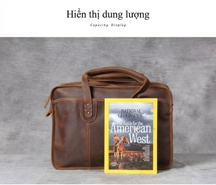 Túi Xách Tay Du Lịch Da Thật Crazy Horse Đựng Laptop Công Sở Màu Nâu chi tiết 13