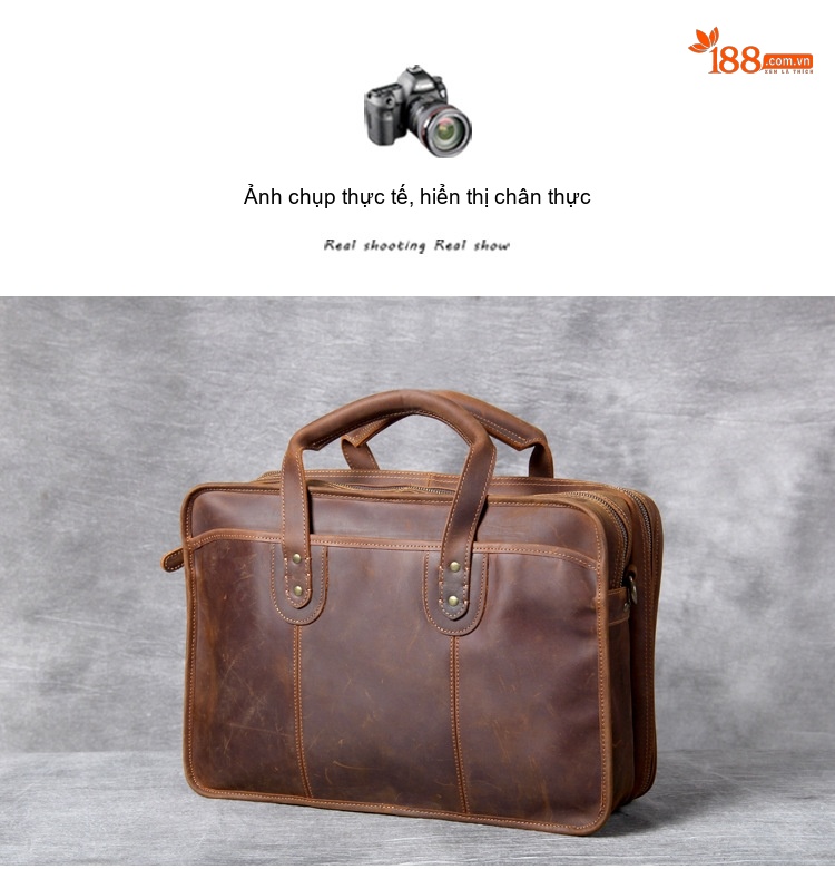 Túi Xách Tay Du Lịch Da Thật Crazy Horse Đựng Laptop Công Sở Màu Nâu chi tiết 8