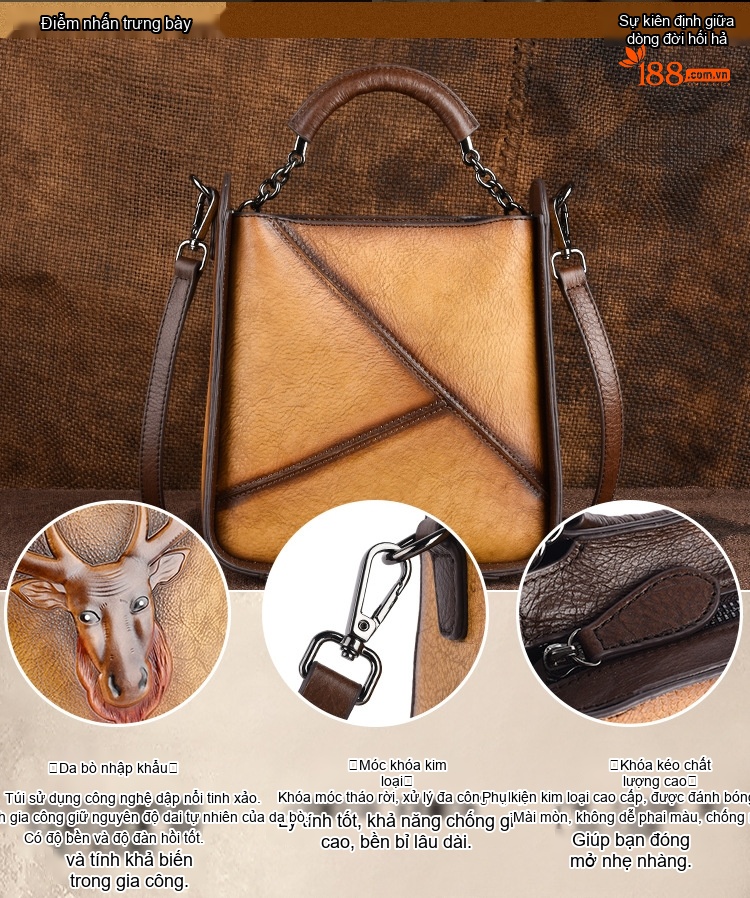 Túi Xách Nữ Da Bò Thật Vintage Hình Hươu Cao Cấp Đeo Vai, Xách Tay Màu Nâu, Vàng, Xanh Lá, Đỏ... chi tiết 2
