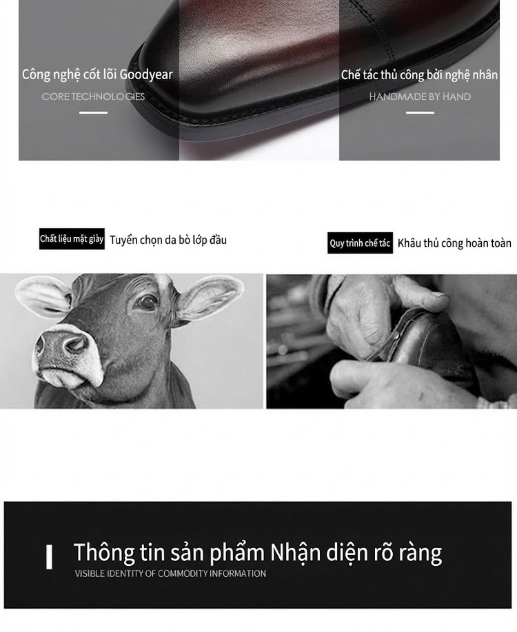 Giày Tây Buộc Dây Nam Da Bóng Chiều Cao Đế Khoảng 3cm Màu Đen, Nâu Đỏ chi tiết 4