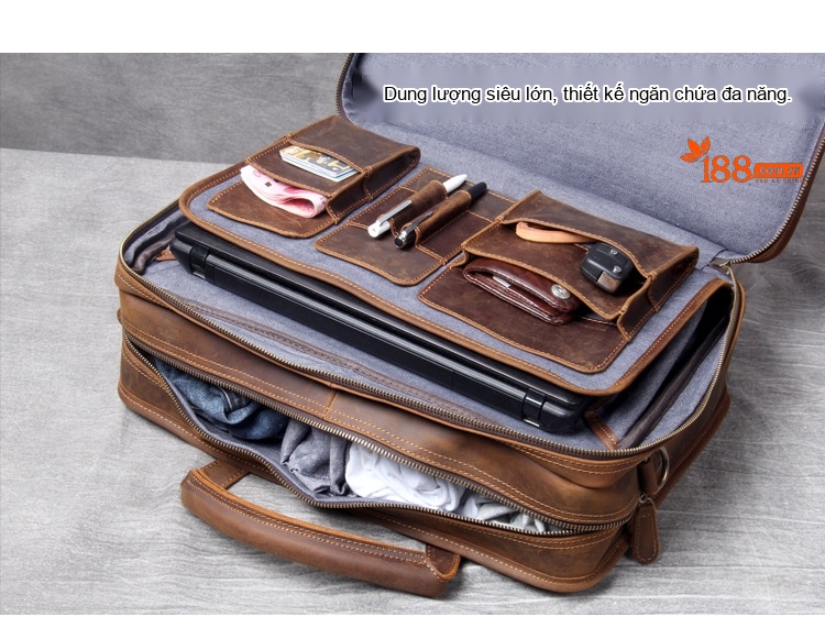 Túi Xách Tay Du Lịch Da Thật Crazy Horse Đựng Laptop Công Sở Màu Nâu chi tiết 14