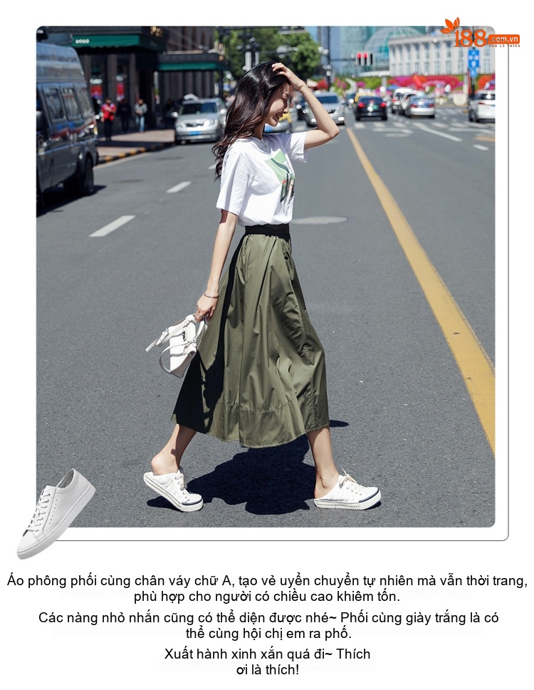 Set Áo Thun Tay Ngắn In Hình và Chân Váy Dáng Dài Phong Cách Hàn Quốc Màu Trắng, Xanh Olive chi tiết 2