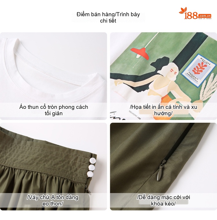 Set Áo Thun Tay Ngắn In Hình và Chân Váy Dáng Dài Phong Cách Hàn Quốc Màu Trắng, Xanh Olive chi tiết 4