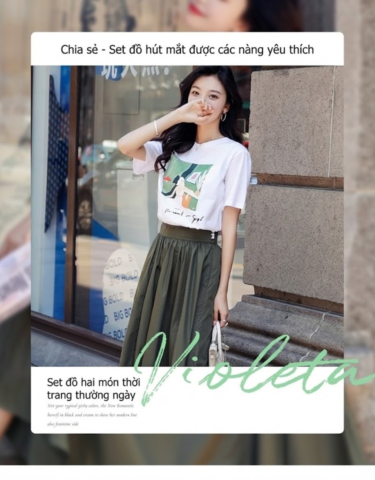 Set Áo Thun Tay Ngắn In Hình và Chân Váy Dáng Dài Phong Cách Hàn Quốc Màu Trắng, Xanh Olive chi tiết 1