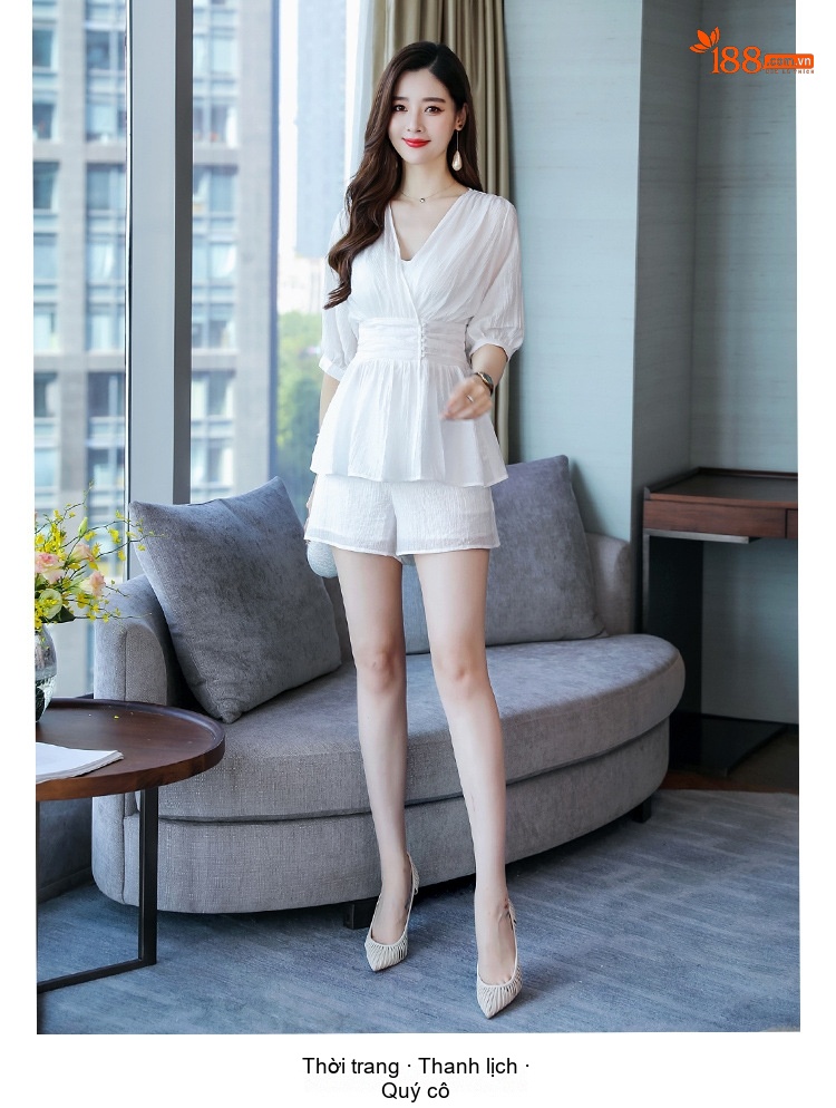 Set Bộ Nữ Áo Croptop Tay Lỡ Quần Short Thun Eo Cao Phong Cách Tiểu Thư Màu Trắng chi tiết 8