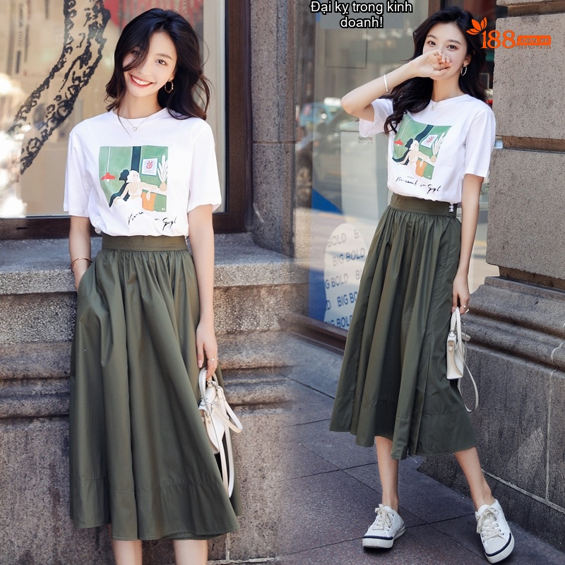 Set Áo Thun Tay Ngắn In Hình và Chân Váy Dáng Dài Phong Cách Hàn Quốc Màu Trắng, Xanh Olive