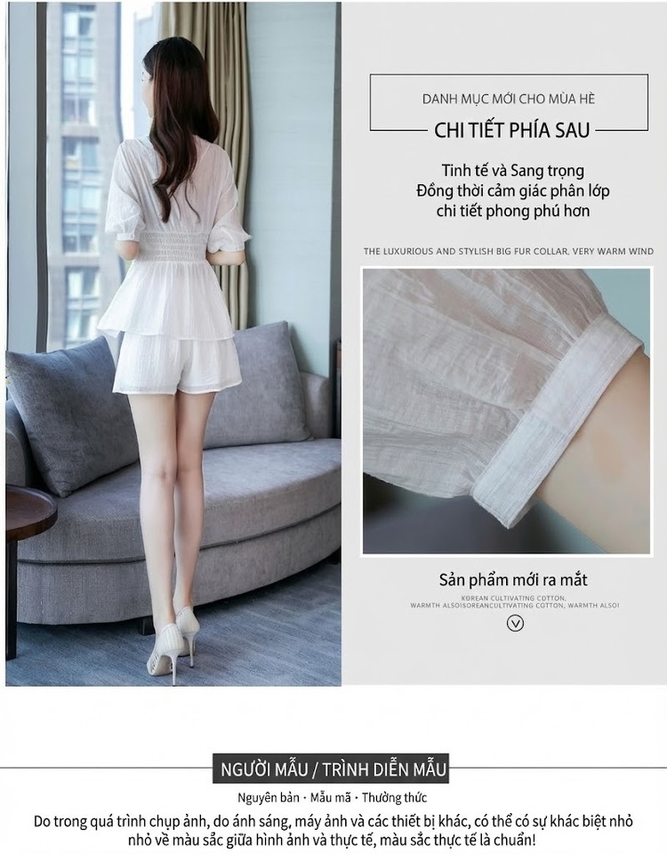 Set Bộ Nữ Áo Croptop Tay Lỡ Quần Short Thun Eo Cao Phong Cách Tiểu Thư Màu Trắng chi tiết 7