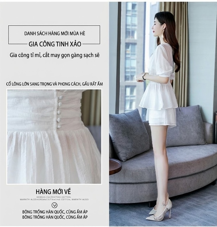 Set Bộ Nữ Áo Croptop Tay Lỡ Quần Short Thun Eo Cao Phong Cách Tiểu Thư Màu Trắng chi tiết 6