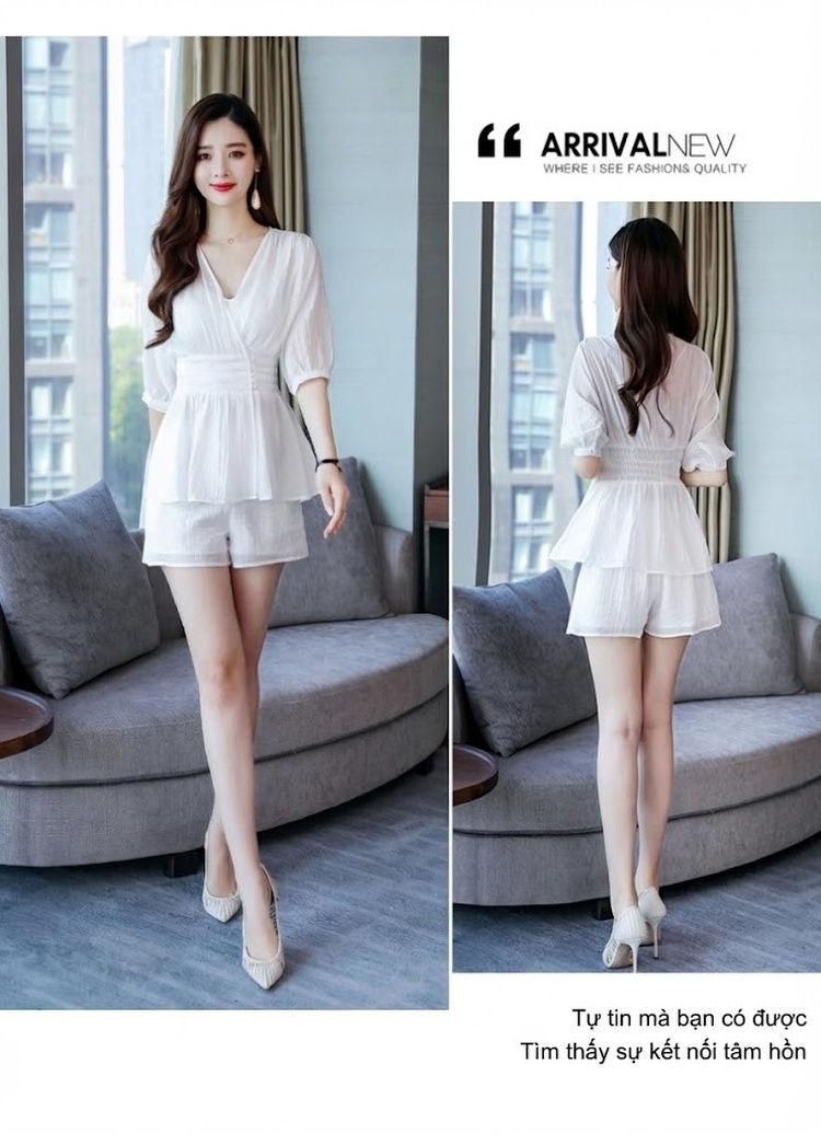 Set Bộ Nữ Áo Croptop Tay Lỡ Quần Short Thun Eo Cao Phong Cách Tiểu Thư Màu Trắng chi tiết 9