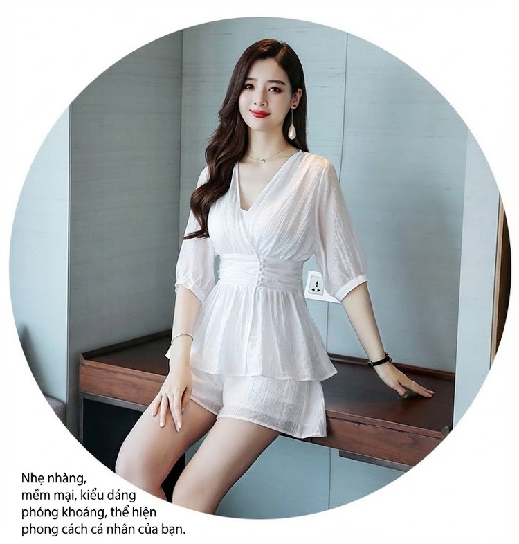 Set Bộ Nữ Áo Croptop Tay Lỡ Quần Short Thun Eo Cao Phong Cách Tiểu Thư Màu Trắng chi tiết 12