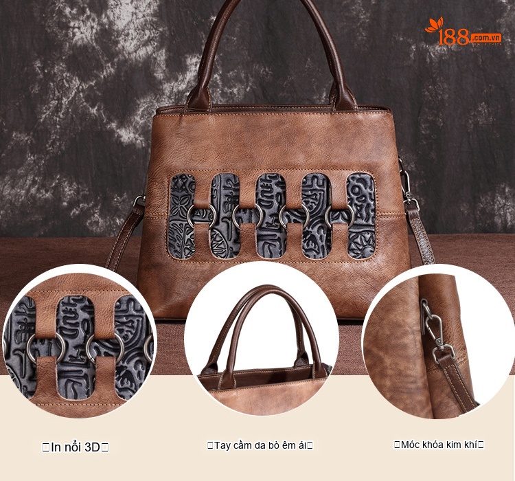 Túi Xách Nữ Da Bò Thật Vintage Đeo Vai, Đeo Chéo, Xách Tay Màu Nâu chi tiết 3