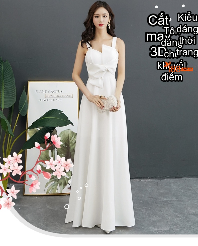 Váy Dạ Hội Dáng Dài Thanh Lịch Cho Nữ, Váy Dự Tiệc, Váy Hội Nghị Màu Trắng, Xanh Lá, Xám, Đỏ... chi tiết 1