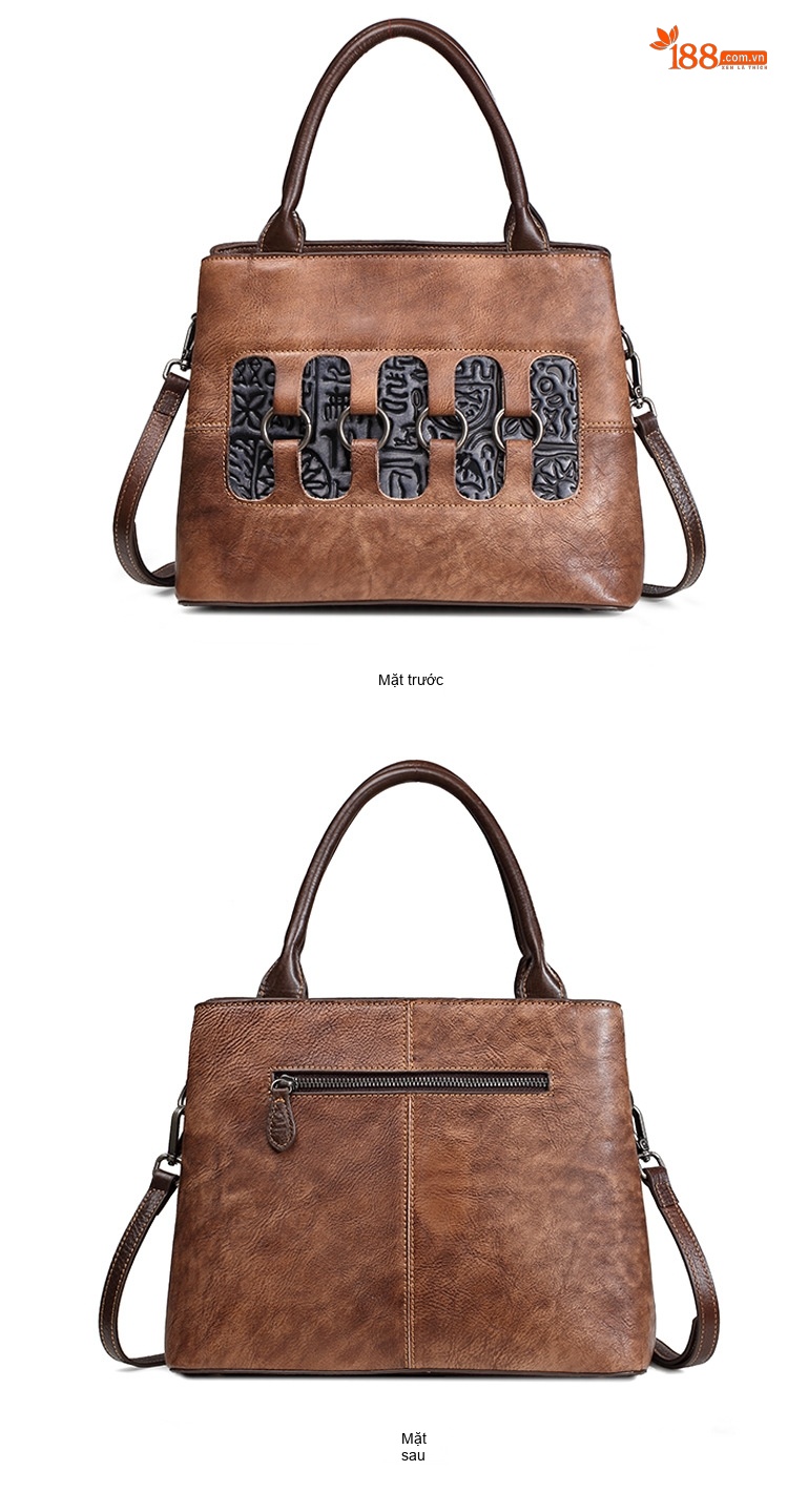 Túi Xách Nữ Da Bò Thật Vintage Đeo Vai, Đeo Chéo, Xách Tay Màu Nâu chi tiết 9