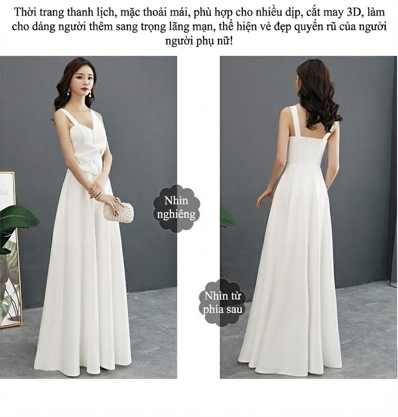 Váy Dạ Hội Dáng Dài Thanh Lịch Cho Nữ, Váy Dự Tiệc, Váy Hội Nghị Màu Trắng, Xanh Lá, Xám, Đỏ... chi tiết 5