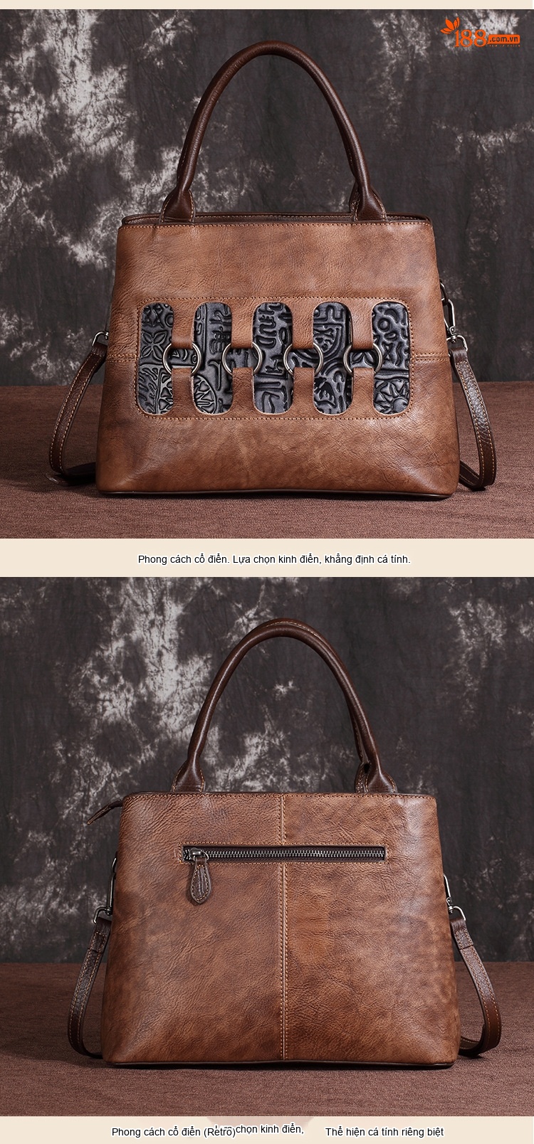 Túi Xách Nữ Da Bò Thật Vintage Đeo Vai, Đeo Chéo, Xách Tay Màu Nâu chi tiết 7